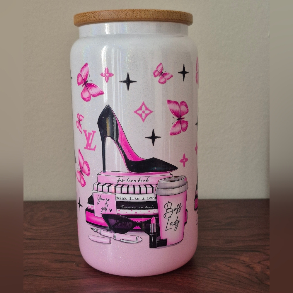 🪻3/$25 Girl boss lady pink white glitter glass tumbler lid reusable straw 16oz